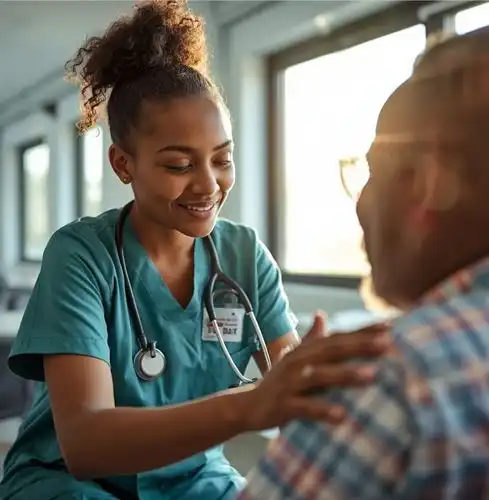 Medical assisiting student assisting an elderly gentleman.