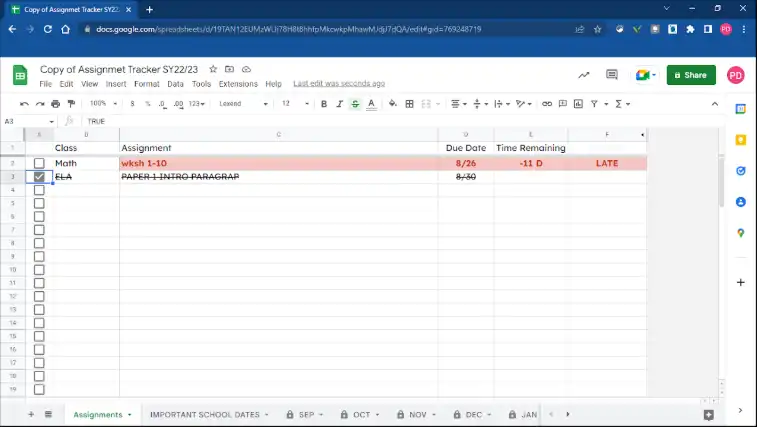 assignment tab - delete