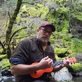 person sitting on a rock at a mossy creek playing the ukelele