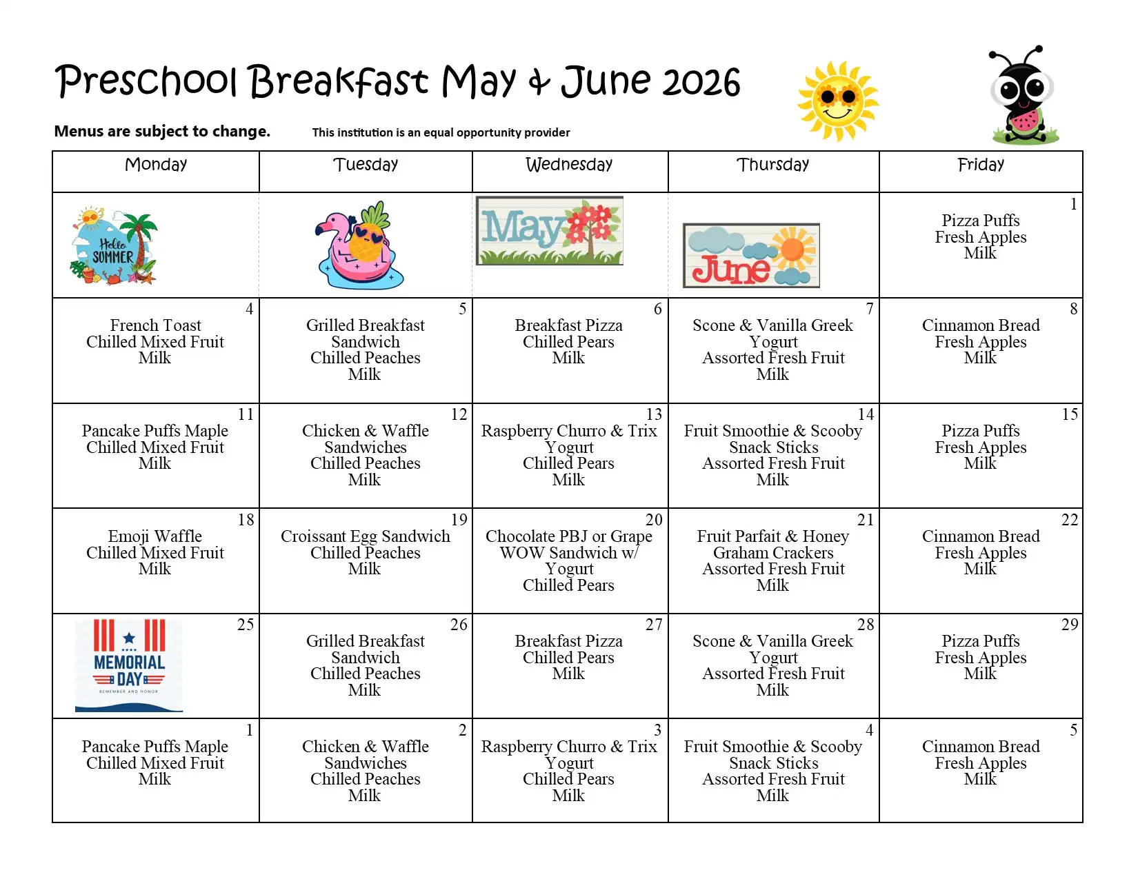 Preschool May-June 2026 Breakfast Menu