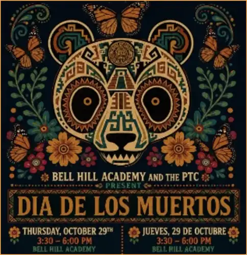 AI generated image of a bear with distinct markings and information regarding dia de los muertos