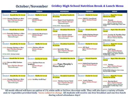 Gridley High School Breakfast and Lunch Menu