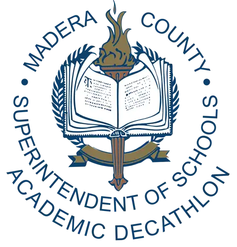 MCSOS logo with the book of learning open and a torch, with the words Madera County Superintendent of Schools and under the logo the words Academic Decathlon