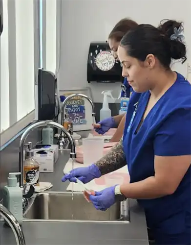 CNA students wash dentures