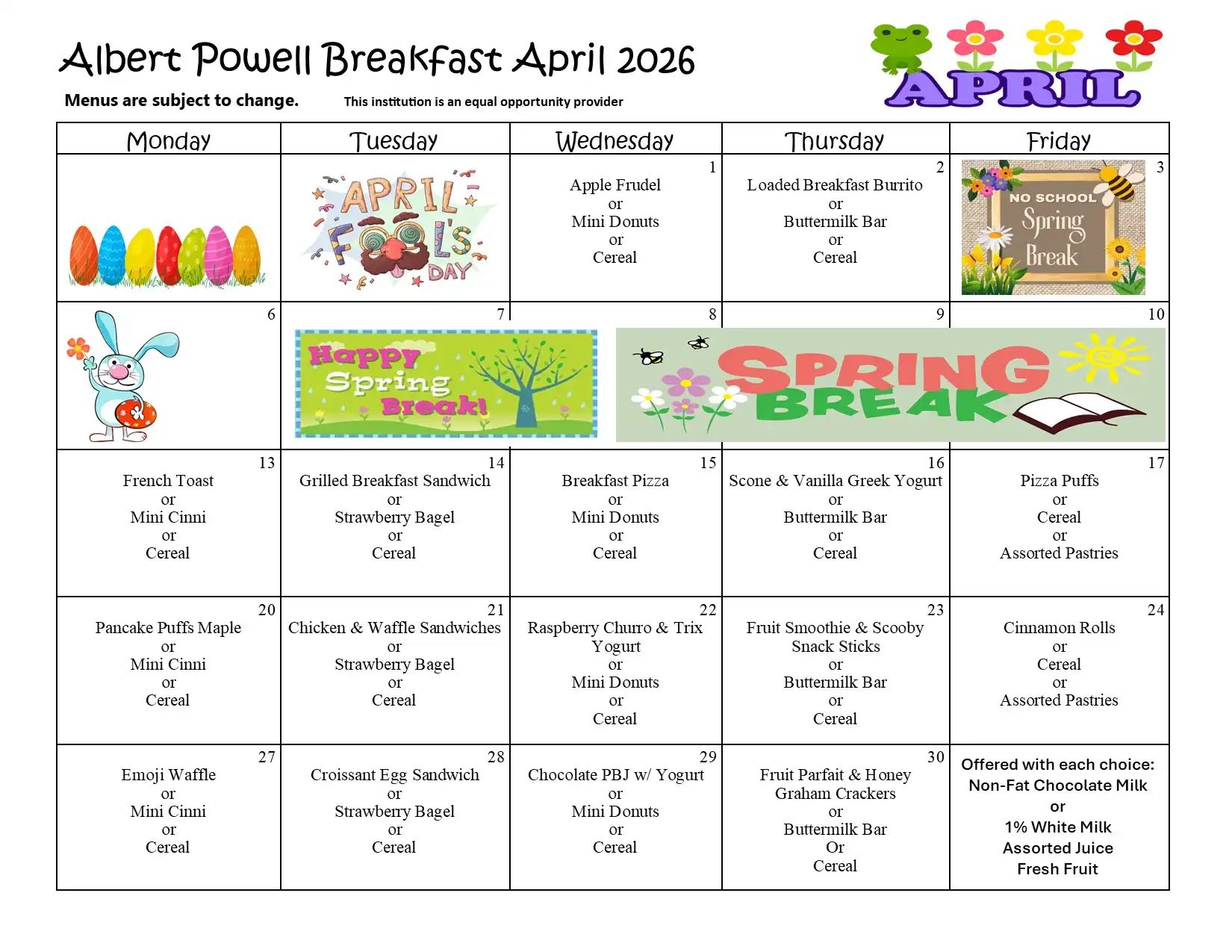 Albert Powell April 2026 Breakfast Menu