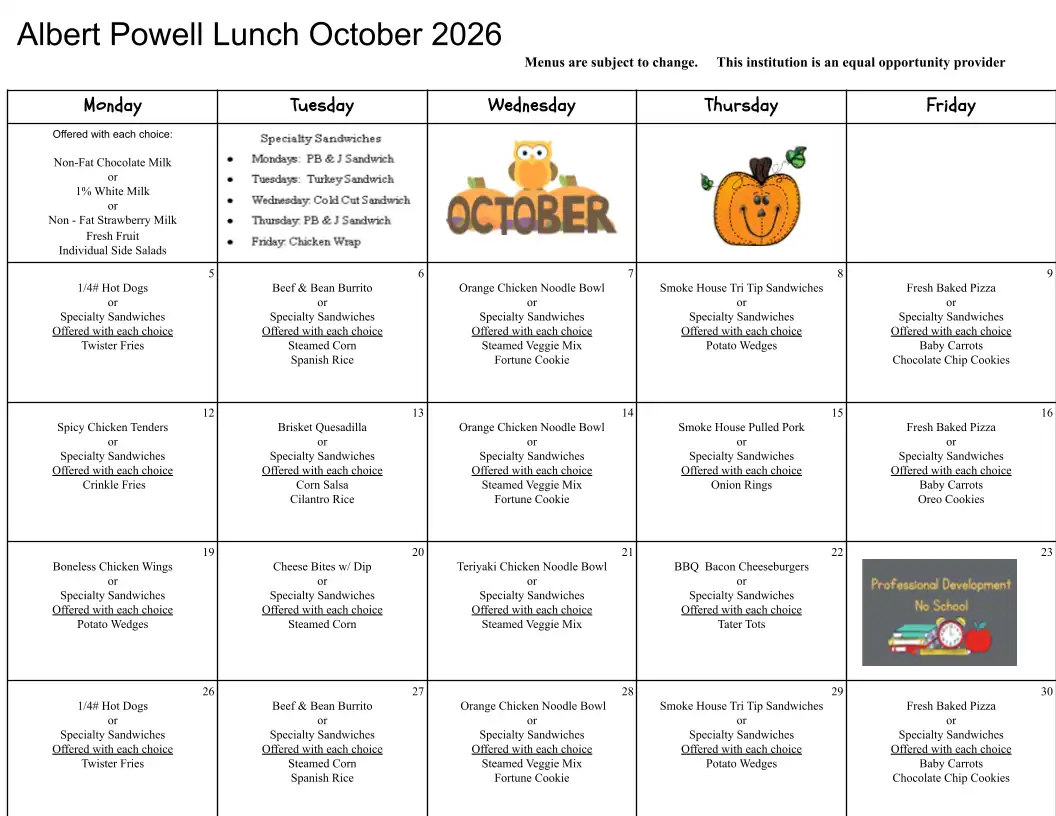 Albert Powell Lunch October 2026 Menu