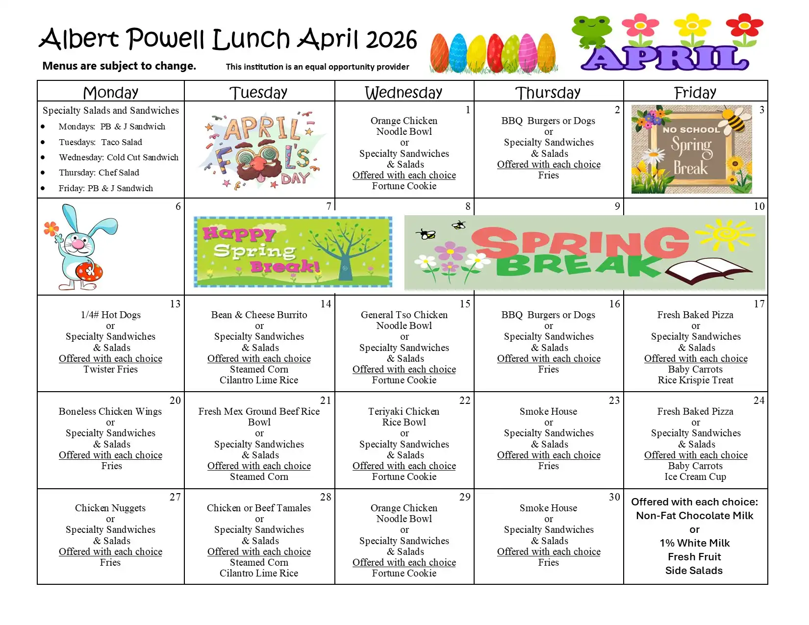 Albert Powell April 2026 Lunch Menu