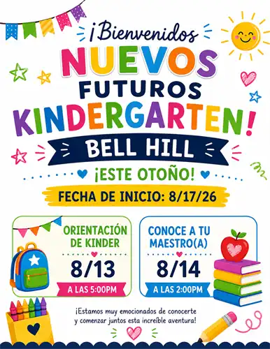 Welcome incoming kindergarten students to BHA academy in rainbow font in spanish