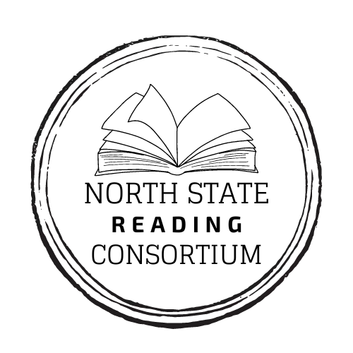 North State Reading Consortium logo in black and white, circle with an open book in the middle. 