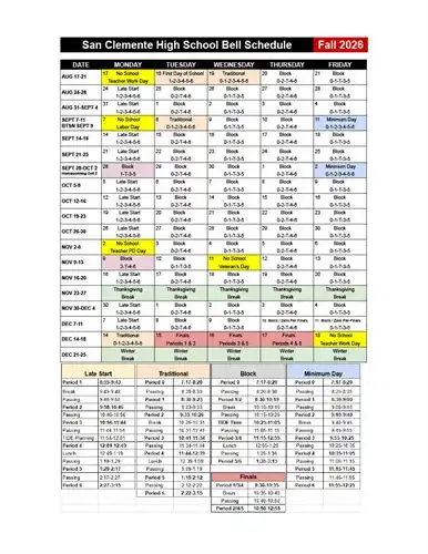Fall 2026 Bell Calendar