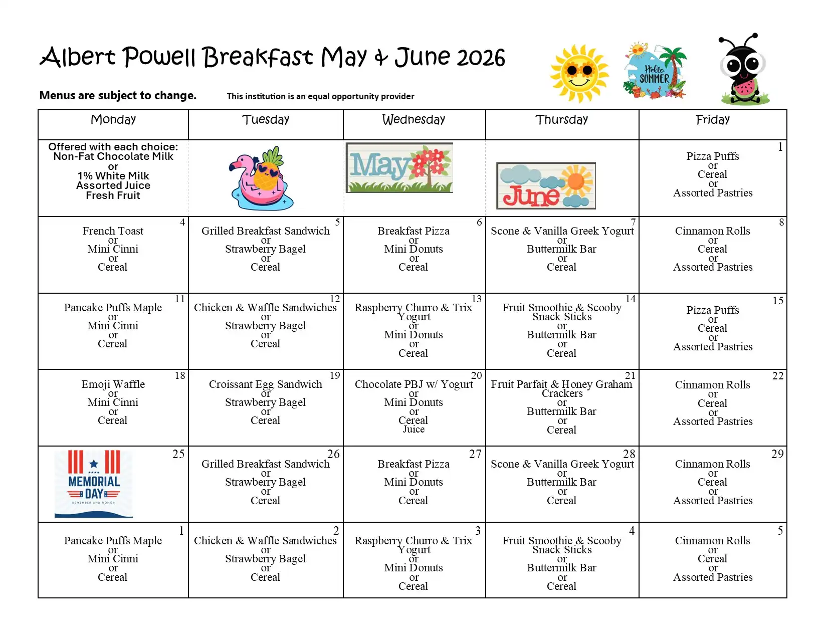 Albert Powell May-June 2026 Breakfast Menu
