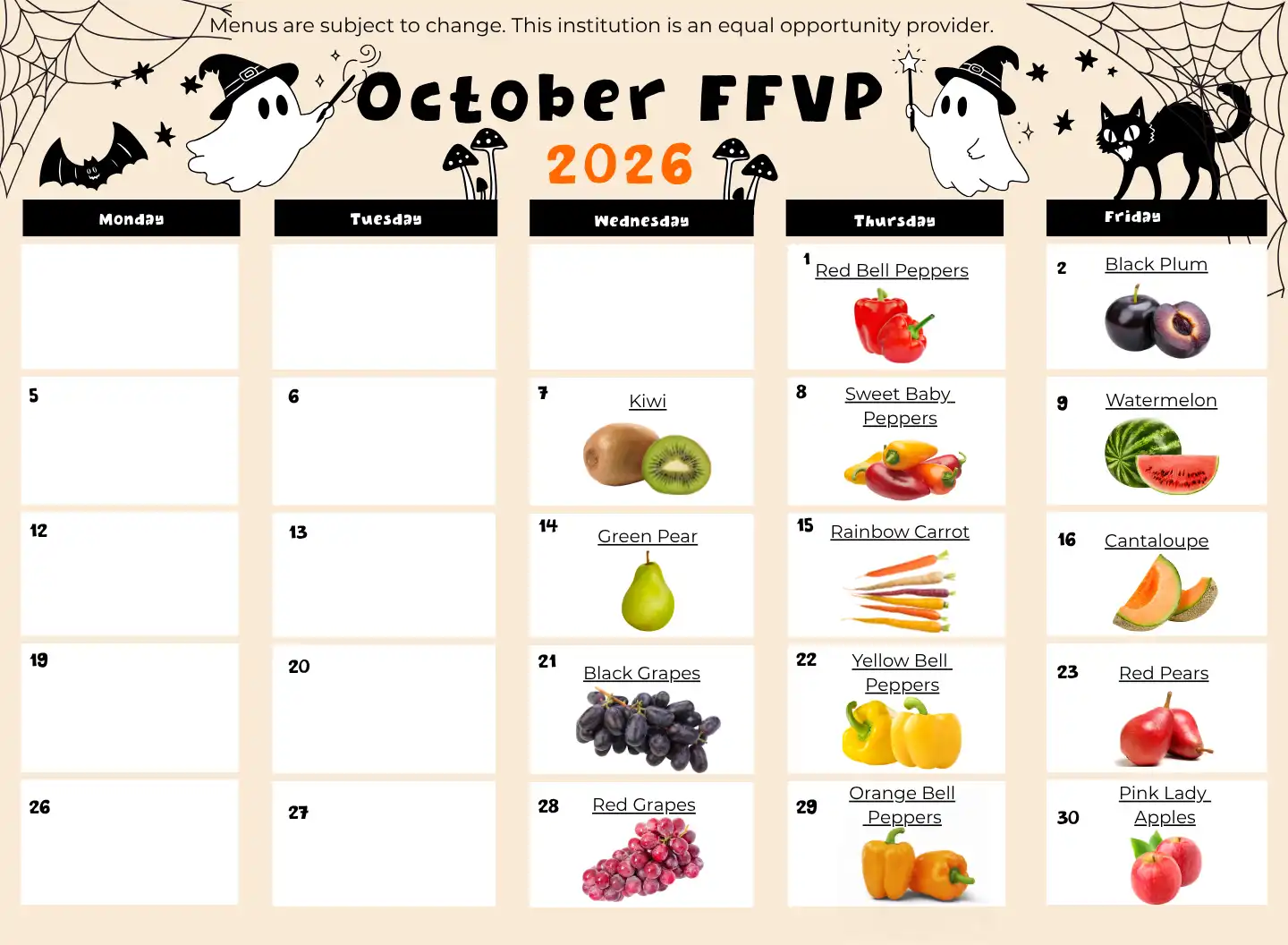 Fresh Fruit and Vegetable Program Menu October 2026