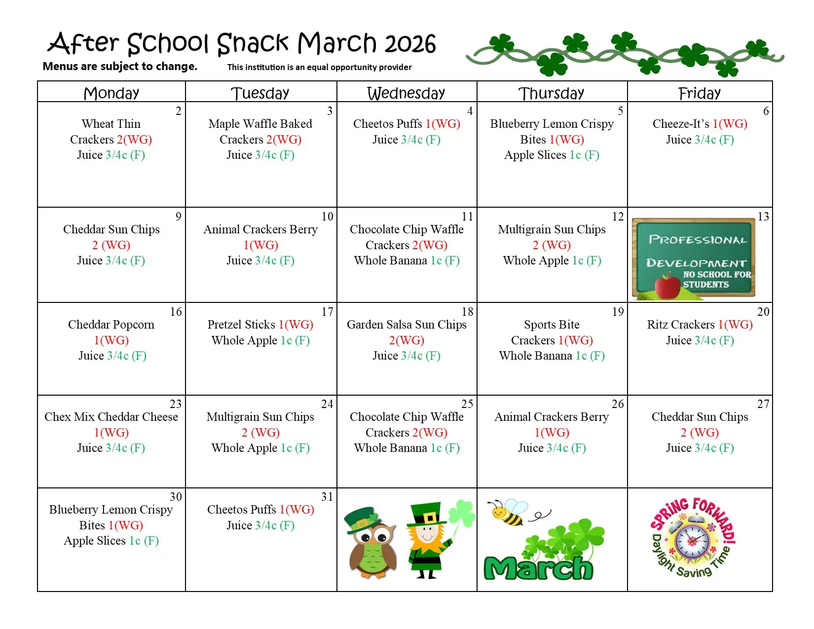 After School Snack March 2026 Menu