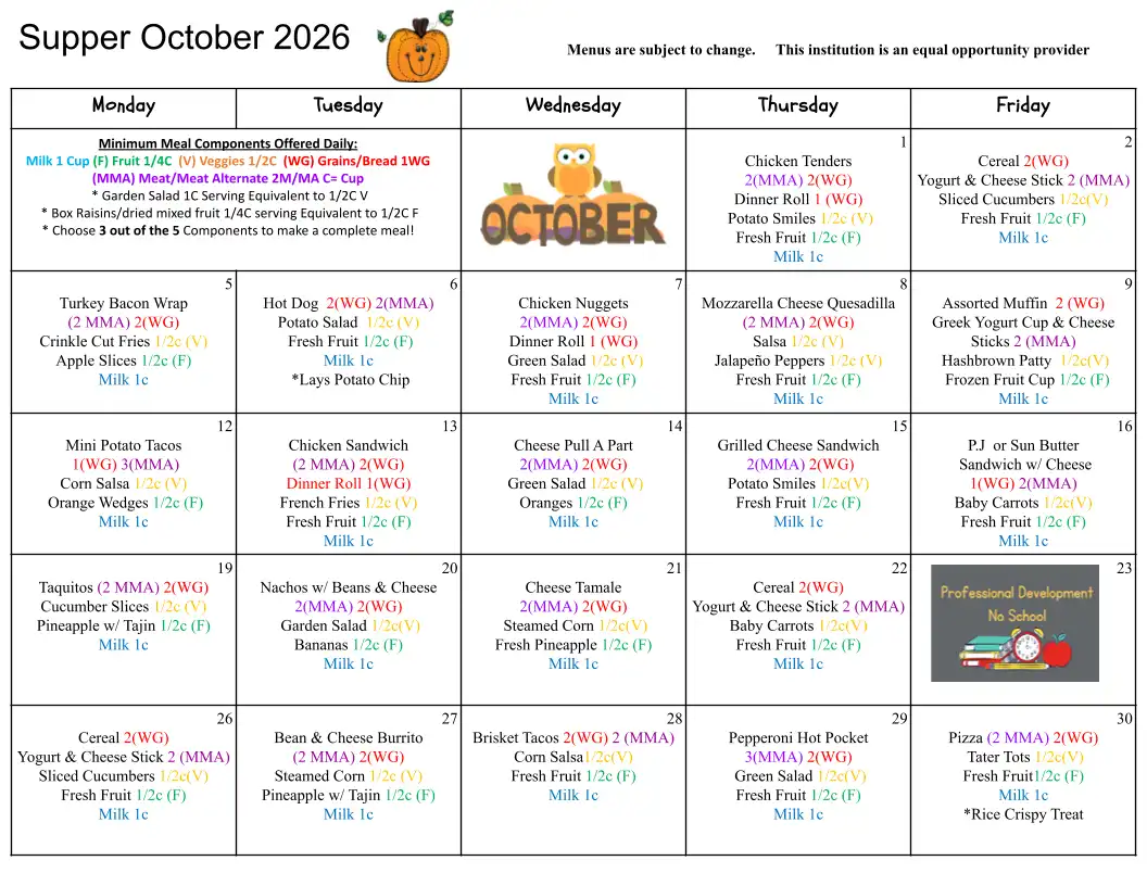 Supper October 2026 Menu