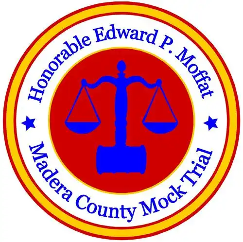 Mock Trial logo with the words Honorable Edward P. Moffat Madera County Mock Trial and a gavel with the scales of justice