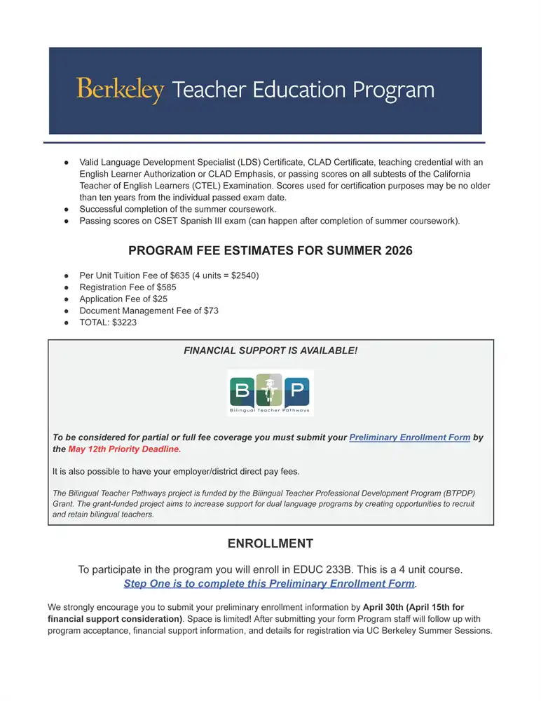 page two of Berkeley Teacher Education Program. Deadline to apply has been extended to June 3