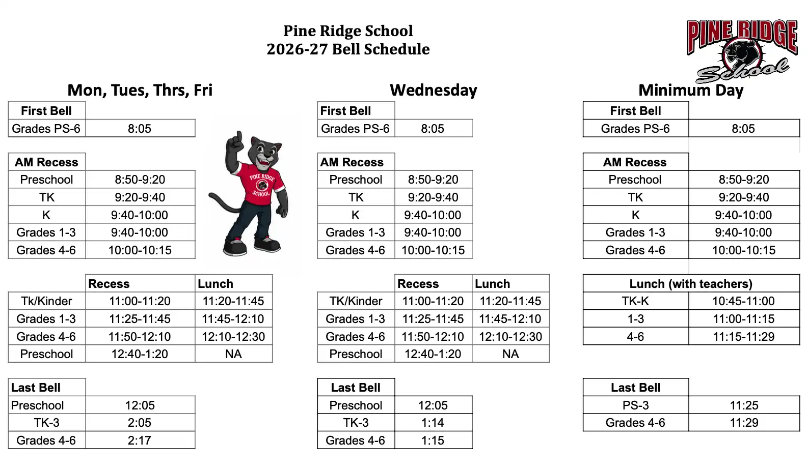 A visual poster with bell schedules. This image is a link to a PDF version.