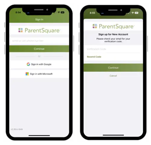 Two screenshots of the ParentSquare mobile app interface on a smartphone. Left Screenshot: The "Sign In" screen featuring the ParentSquare logo, a text field for "email or cell phone number," and a green "Continue" button. Below are buttons for "Sign in with Google" and "Sign in with Microsoft." Right Screenshot: The "Sign up for New Account" screen. It displays a prompt to "Please check your email for your verification code," a "Verification Code" input field, a "Resend Code" link, and a green "Continue" button.