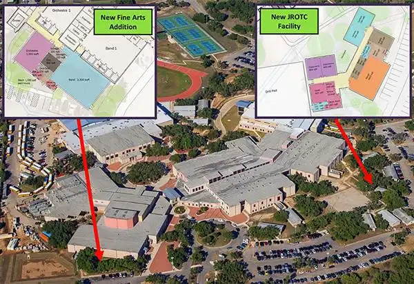 Reagan High School Fine Arts and JROTC Facility Addition and Renovations Project Aerial Photo showing new additions 