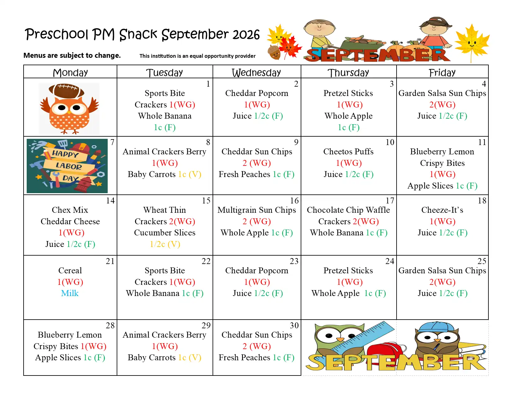 Preschool PM Snack September 2026 Menu