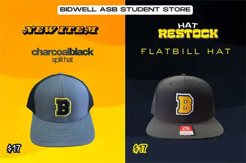New hat - charcoal-black hat and restock hat - flatbill black hat with B logo.