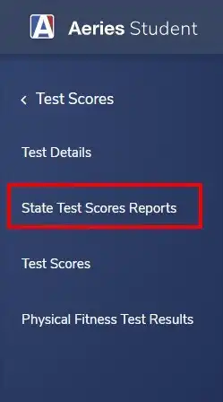 screenshot that shows where state test scores reports are located in the Aeries Student Portal navigation