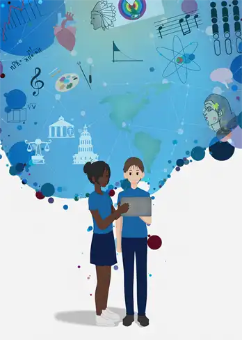 Two students looking at a computer with a think bubble in the background containing elements of Decathlon topics