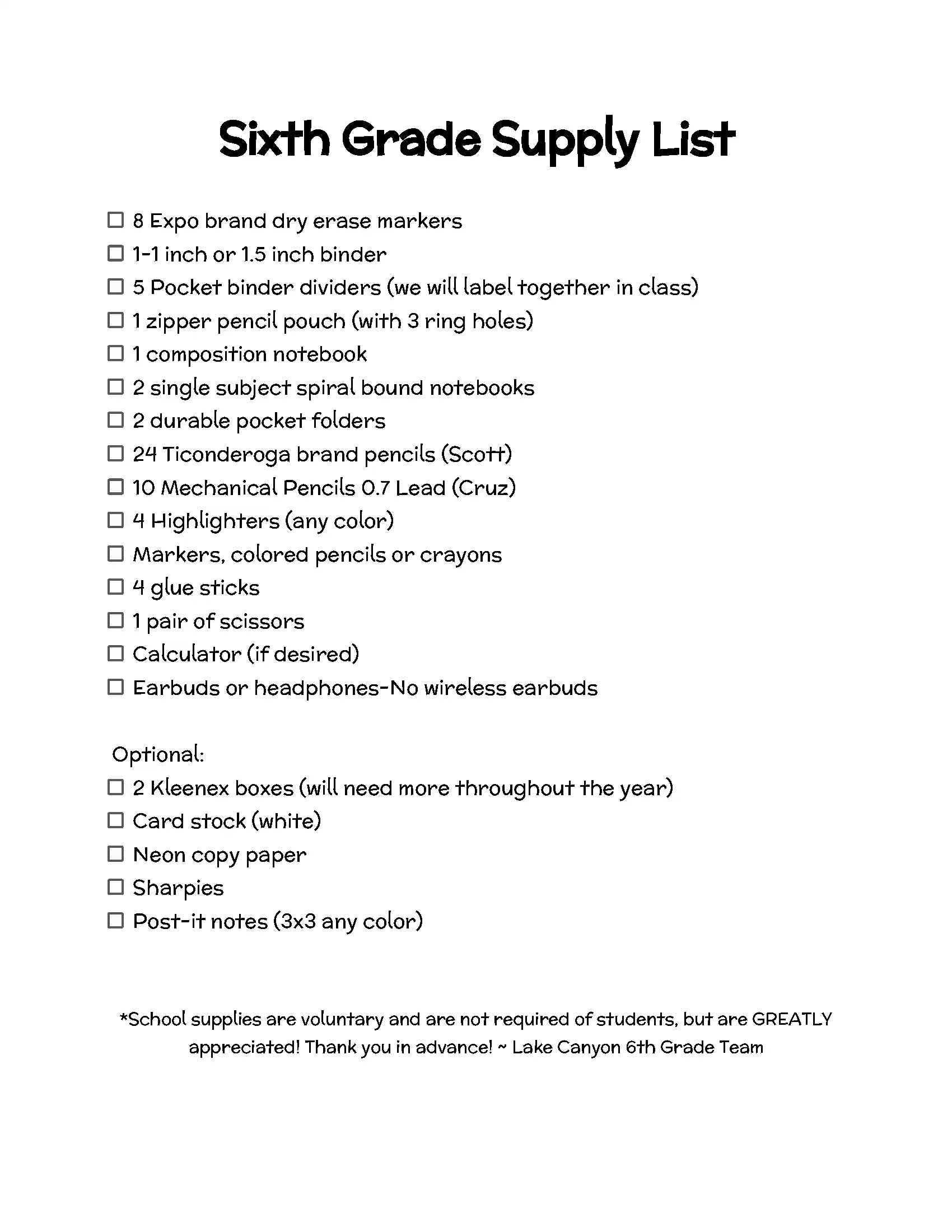 6th grade list