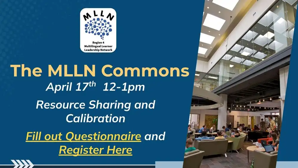 Flyer for MLLN commons meeting scheduled for April 17th from 12 noon to 1 p m. The topic is Resource Sharing and Calibration. We invite you to fill out a questionnaire. Multiple buttons below for registration, download flyer, and the questionnaire. The flyer has a blue background, with yellow and white writing. 