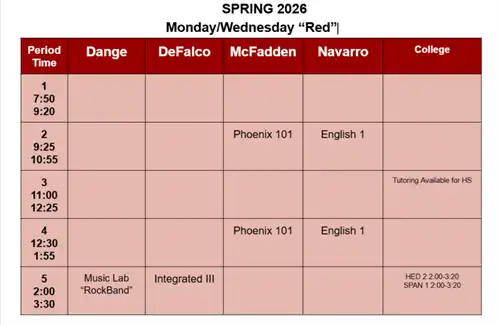 Class of 2029 Monday/Wednesday schedules