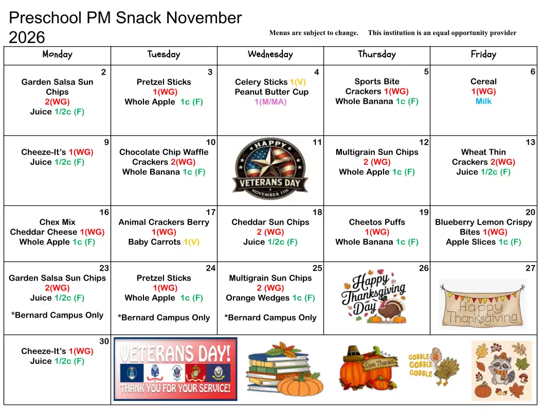Preschool PM Snack Menu November 2026