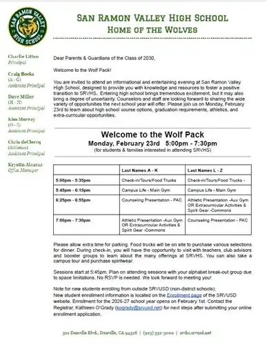 SRVHS Welcome to the Wolf Pack Letter
