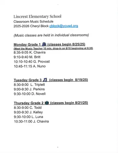 Mrs. Block's Lincrest Music Schedule 2025