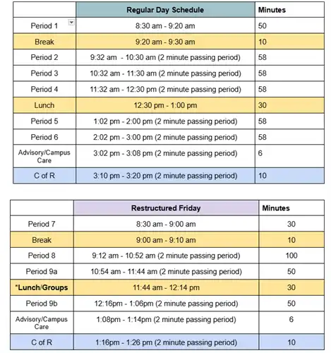 School bell schedule for Regular Day and Restructured Friday 