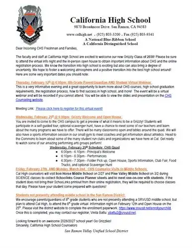 CHS Welcome Letter
