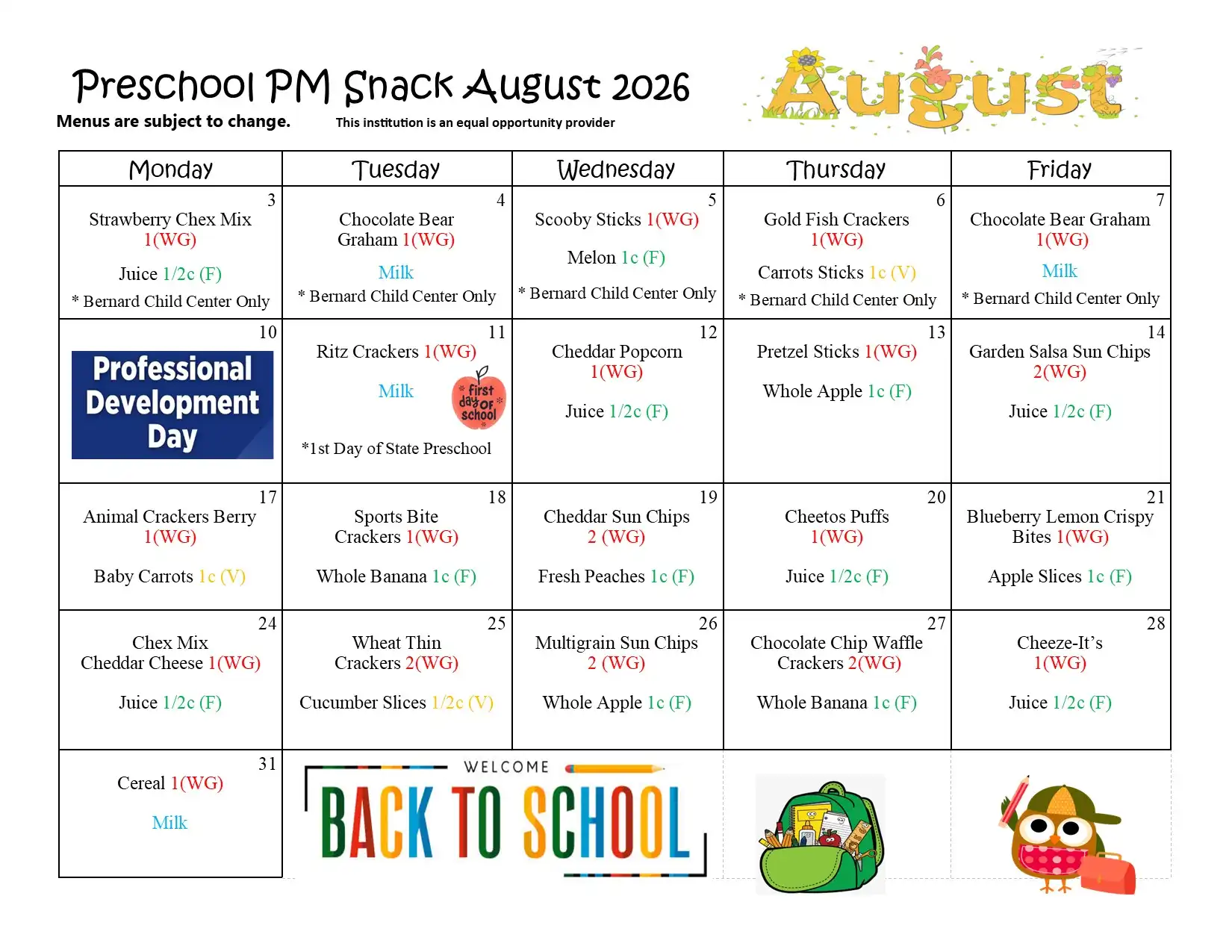 Preschool Snack Menu August 2026
