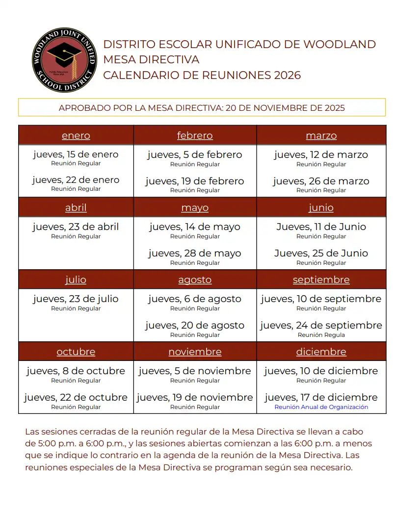 WJUSD Board meeting Schedule 2026 Spanish
