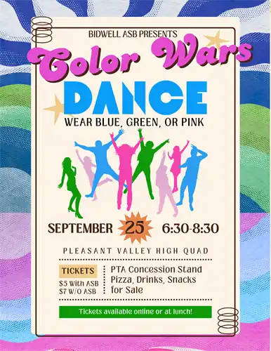 Color Wars Dance Spetember 25, 2026 6:30-8:30 pm at the PVHS Quad - Tickets on sale now