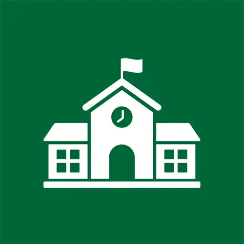 a school building against a green background