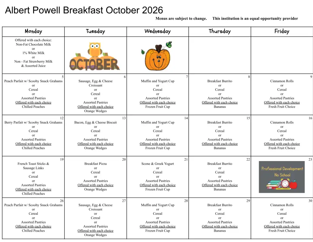 Albert Powell Breakfast October 2026 Menu
