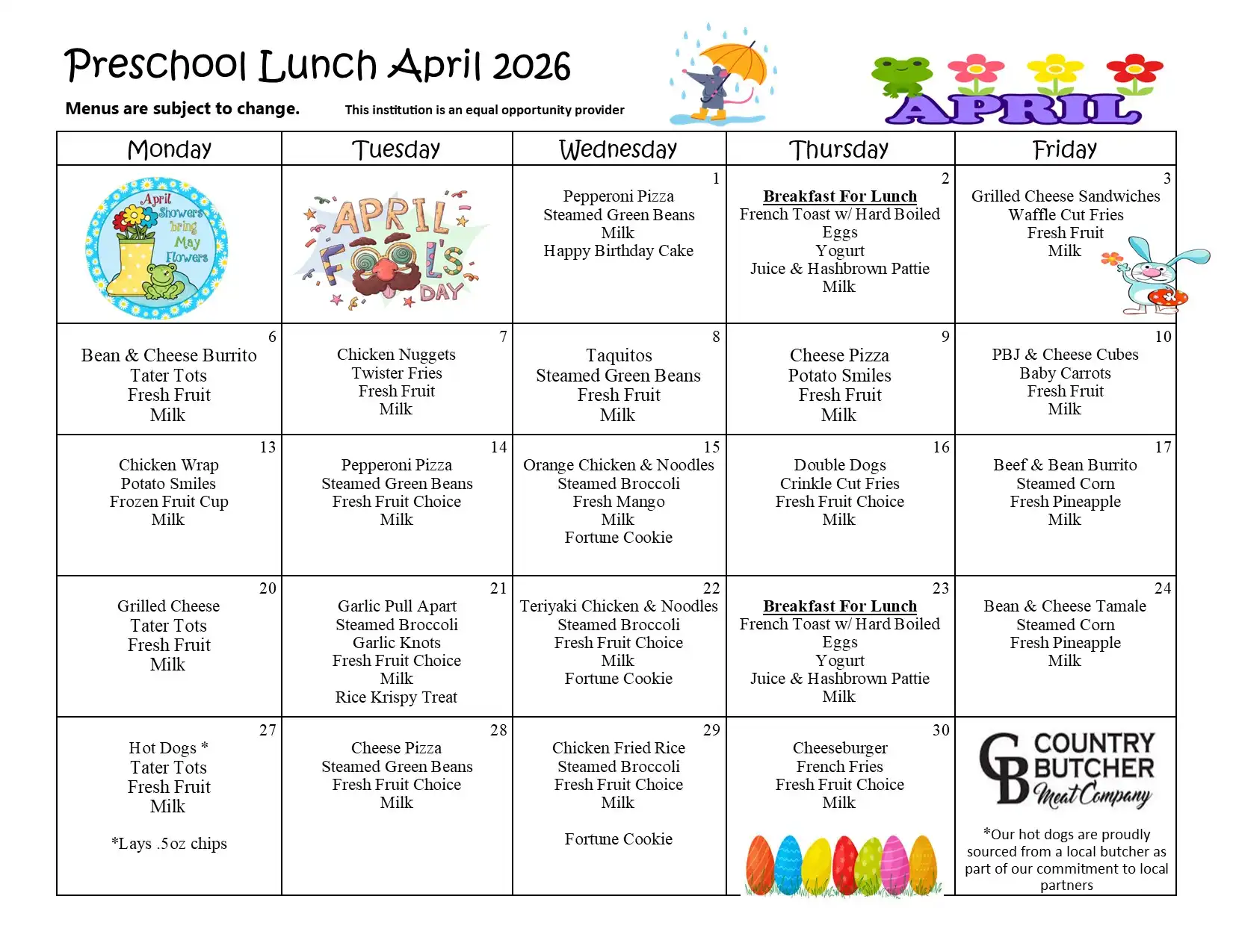 Preschool April 2026 Lunch Menu