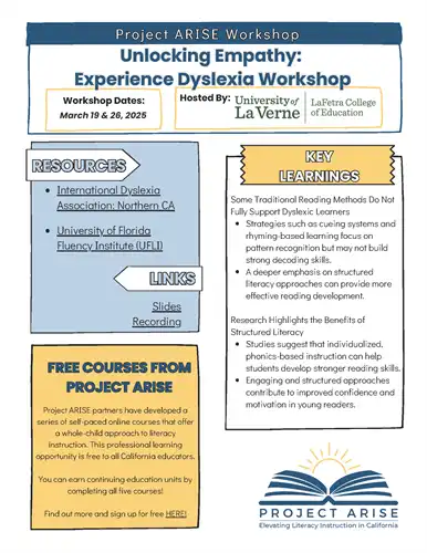 La Verne Dyslexia workshop flyer
