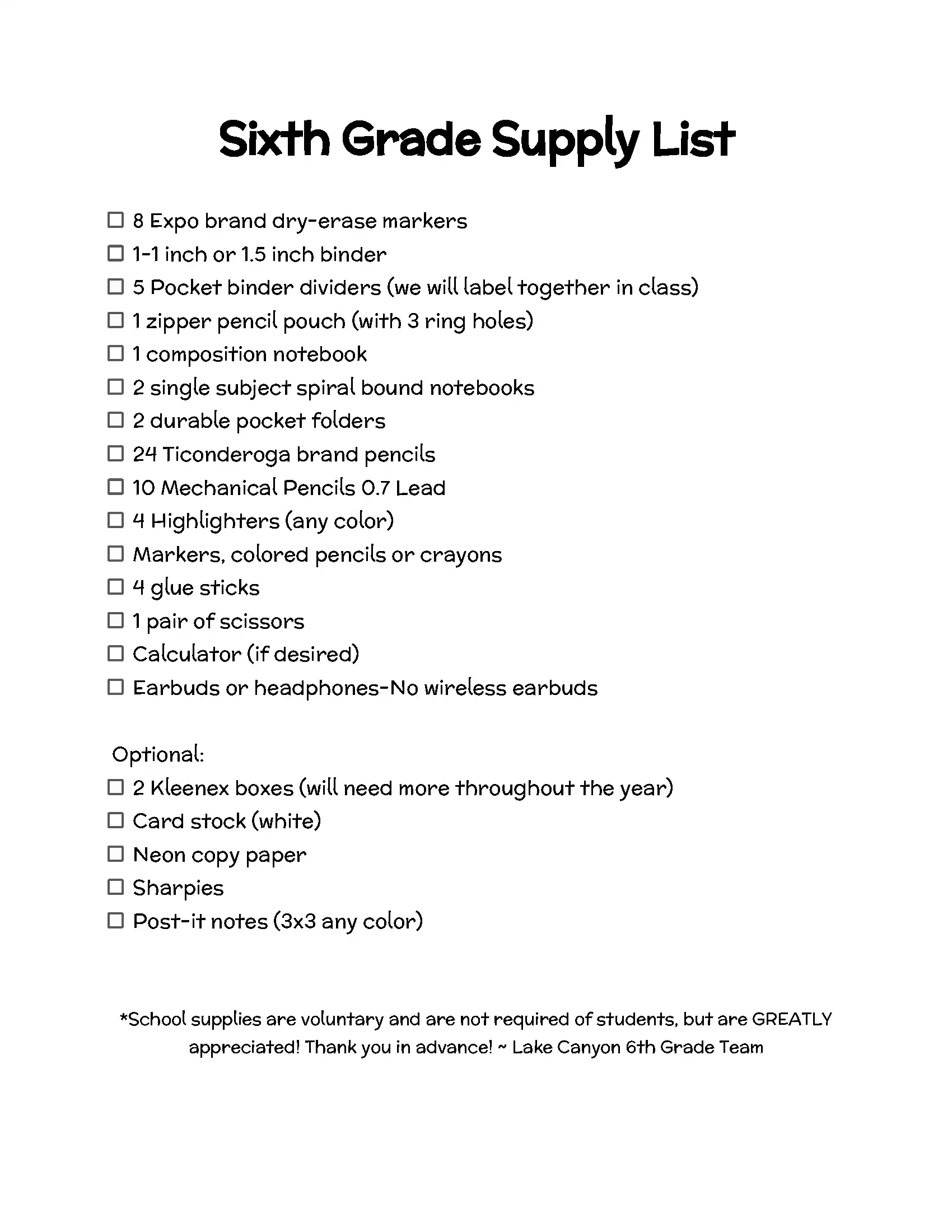 6th grade list