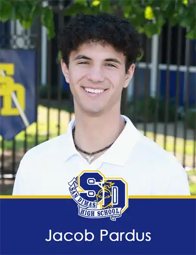 Male student profile image with Blue banner on bottom with SDHS logo with Student's name "Jaacob Pardus"