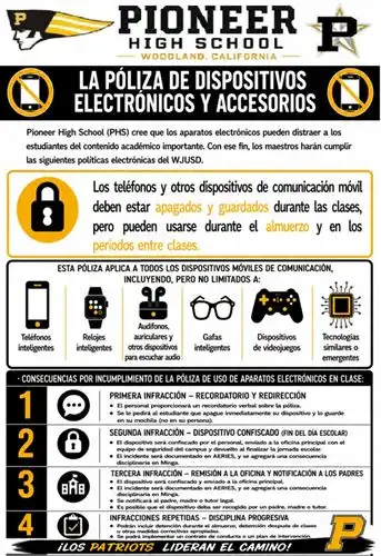 Electronic Device Policy Flyer in Spanish - policy written below