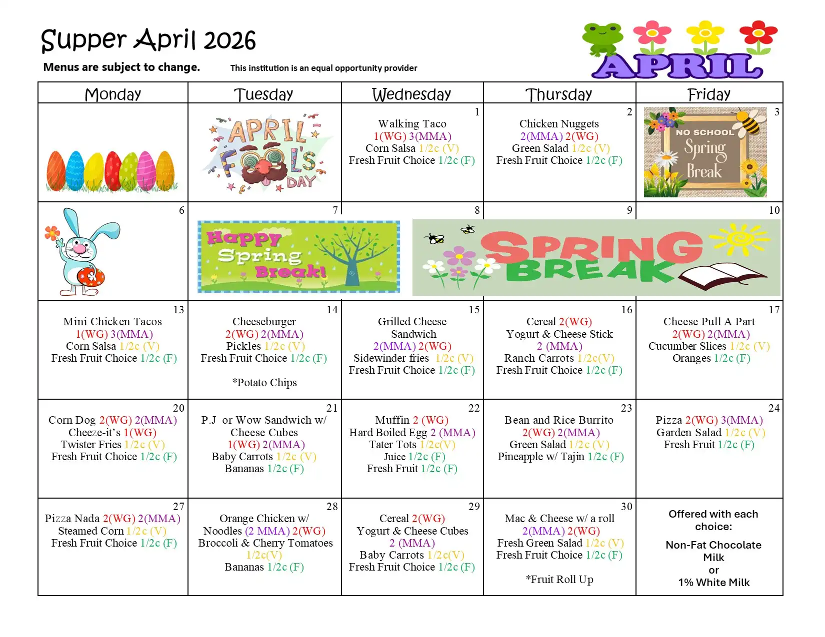 April 2026 Supper Menu