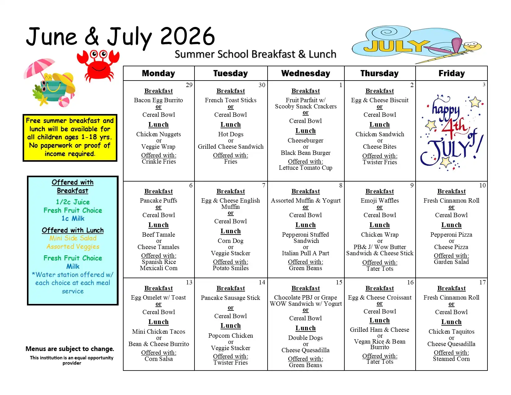 Breakfast & Lunch Summer 2026 June - July