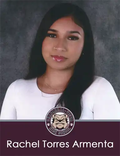 Female profile image with burgandy banner on bottom with CVHS emblem with Student's name "Rachel Torres Armenta"