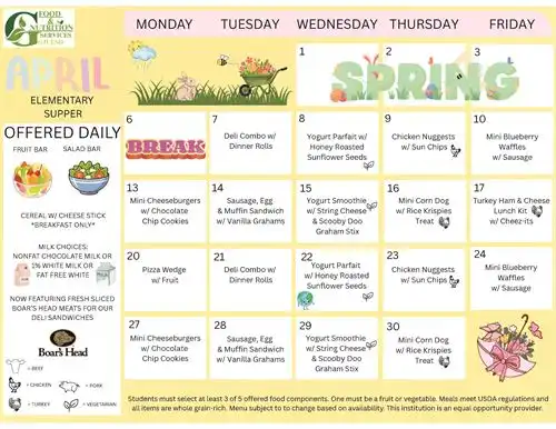 April Elementary Supper Menu 2026