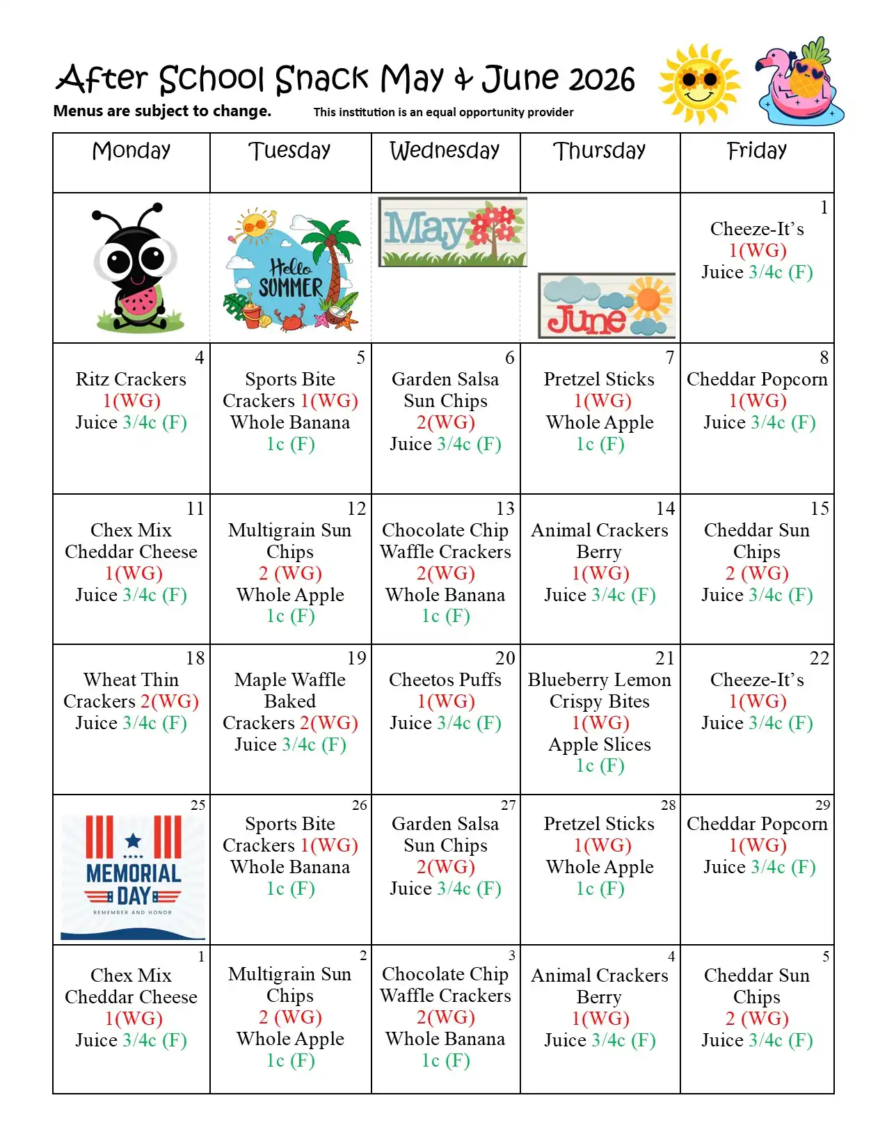 After School Snack May-June 2026 Menu